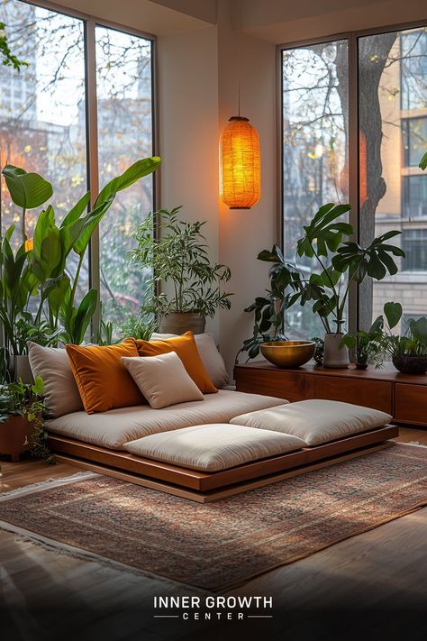 A cozy meditation space with large windows, lush plants, and a low wooden platform bed surrounded by greenery. Indoor Zen Garden Ideas, Relax Room Ideas, Spiritual Room Meditation Space, Meditation Room Ideas, Indoor Zen Garden, Garden Meditation, Spiritual Room, Meditation Rooms, Zen Room