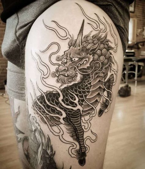 Kirin Tattoo Design, Japanese Kirin Tattoo, Kirin Tattoo, Samurai Warrior Tattoo, Foo Dog Tattoo, Tattoos For Men And Women, Yakuza Tattoo, God Tattoos, Fu Dog