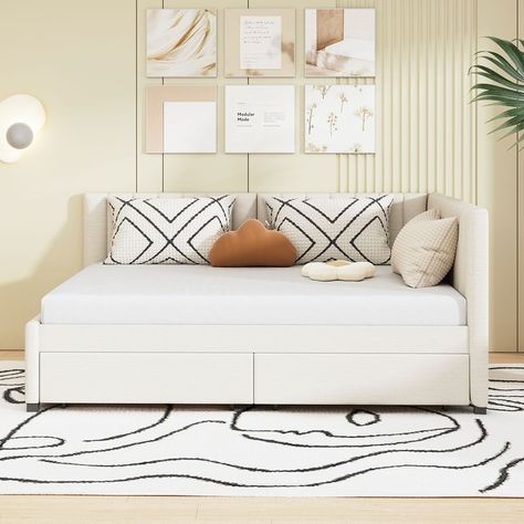 Full Size Upholstered Daybed with 2 Storage Drawers - Bed Bath & Beyond - 39990404 Office With Daybed, White Daybed, Daybed Room, Full Size Daybed, Sofa Bed Frame, Upholstered Daybed, Office Guest Room, Daybed With Trundle, Beds & Bed Frames