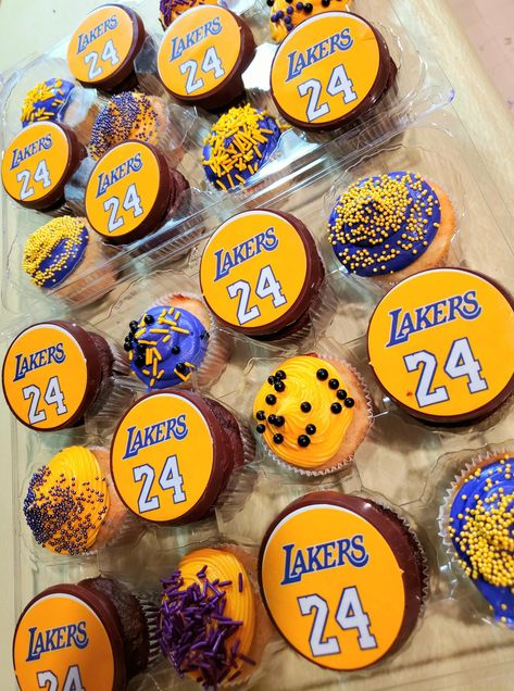 Laker's number 24 decorated cupcakes for 24th birthday! Kobe Bryant Birthday Party Ideas, Laker Birthday Party Ideas, Kobe Bryant Themed Birthday Party, Kobe Year Birthday Ideas, Lakers Birthday Party Decoration, Lakers Birthday Party Ideas, Lakers Cupcakes, Lakers Birthday Party, Kobe Bryant Birthday