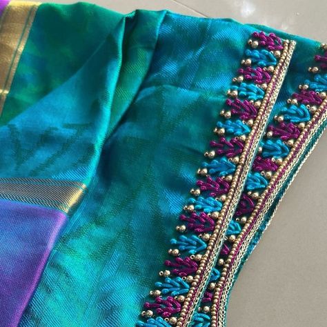 Simple Aari Work Blouse Design For Cotton Saree, Simple Beeds Work In Blouse Hand, Simple Thread Aari Work Design, Silk Thread Blouse Design, Thread Aari Work Designs, Simple Thread Work Designs, Thread Work Aari Blouse Design, Silk Thread Aari Work Blouse, Aari Thread Work Blouse Designs