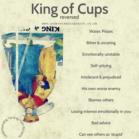 King Of Cups Reversed Tarot Meaning, King Of Cups Reversed, King Of Cups Tarot Meaning, Tarot Explained, Understanding Tarot, King Of Cups Tarot, Cups Tarot Meaning, Astrology Explained, Tarot Suits