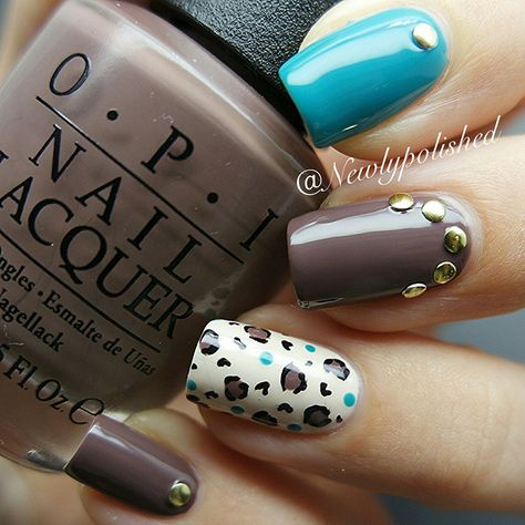 Teal And Brown Nails, Healthy Patties, Teal Nail Designs, Cute Nail Polish, Studded Nails, Leopard Nails, Nail Style, Glam Nails, Innovative Ideas