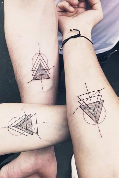 Tattoo Ideas For Brothers, Geometric Shapes Tattoo, Matching Brother Tattoos, Shapes Tattoo, Bro Tattoos, Geometric Shape Tattoo, Brother And Sister Tattoo Ideas, 20 Tattoo, Tattoo Font For Men