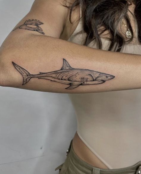 Shark Tattoo Ideas, Beachy Tattoos, Stick Tattoo, Shark Tattoo, Shark Tattoos, Apex Predator, Dainty Tattoos, Subtle Tattoos, Best Tattoo Designs