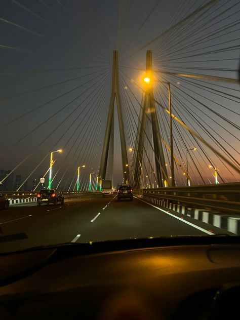 Roadtrip and sunset 🫠 #sunset #skyline #sky #roadtrip Worli Sea Link Night, Mumbai Snap, Mumbai Aesthetic, Car Songs, Marine Drive Mumbai, Bandra Worli Sea Link, Marine Drive, Nightclub Aesthetic, Beach Video