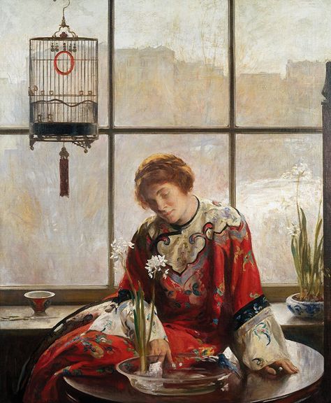 Kimono Painting, Art Mini Toile, American Impressionism, Red Kimono, Childe Hassam, Textured Canvas Art, Simple Acrylic Paintings, Oil Painting Reproductions, Painting Reproductions