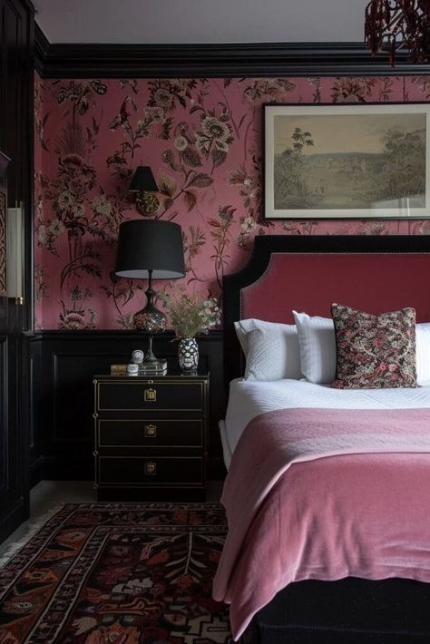 Room Decor Bedroom Black, Black And Pink Room, Elegant Pink Bedroom, Pink And Black Bedroom Ideas, Pink And Black Bedroom, Moody Maximalism, Black Room Aesthetic, Black Bedroom Ideas, Black Room Decor