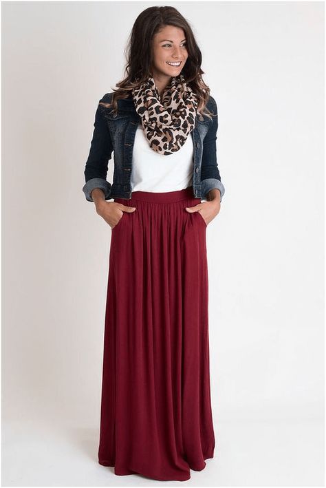 15 Church Outfits For Your Moderate Look | MeetRV Red Skirt, A Woman, Denim Jacket, Skirt, Red