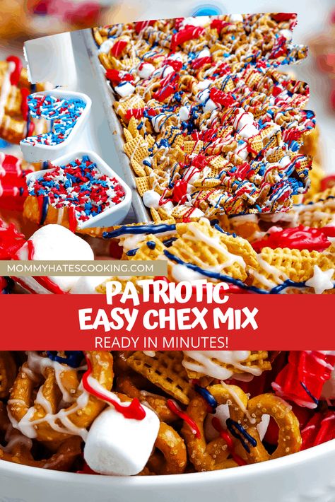 Patriotic Puppy Chow, Patriotic Snacks, Easy Snack Mix, Patriotic Puppy, Themed Recipes, White Almond Bark, Best Gluten Free Desserts, No Cook Appetizers, Patriotic Food