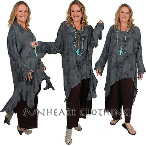 SunHeart Clothing deconstructed GRAPHITE  by SUNHEARTCLOTHING, $82.00 Lagenlook Clothing, Goddess Outfit, Boho Hippie Chic, Poncho Tops, Festival Clothing, Women Tunic Tops, Long Sleeve Knit Tops, Hippie Chic, Layered Look