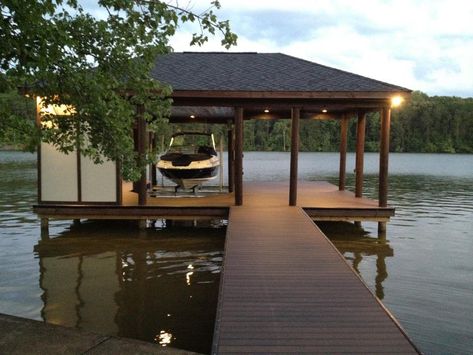 Lake House Boat Dock Ideas, Boat Houses And Docks, Covered Boat Dock Ideas Lakeside, Small Lake Dock, House With Boat Dock, Beach House With Boat Dock, Bayou House, Lake Dock, European Cottage