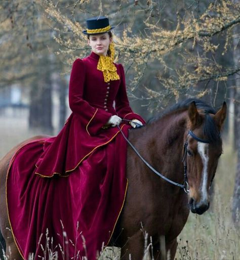 Victorian side saddle riding habit; riding astride this time.   Pic 4 of 4 Victorian Riding Dress, Riding Habit Victorian, Victorian Riding Outfit, Riding Habit, Riding A Horse, Side Saddle, Fox Hunting, All About Horses, Brown Horse