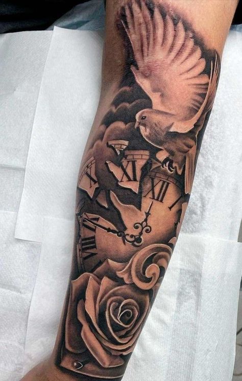 Family Sleeve Tattoo, Time Piece Tattoo, Tattoo Writing Fonts, Half Sleeve Tattoos Forearm, Colored Tattoo Design, Lion Tattoo Sleeves, Half Sleeve Tattoos Drawings, Family Tattoo Designs, Dove Tattoo