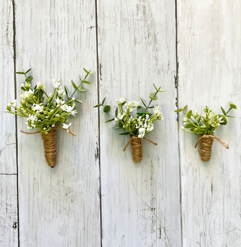 Boutonniere With Eucalyptus, Babies Breath Boutonniere, Bullet Boutonniere, Silk Flower Boutonniere, Boutineer Wedding, Fake Flowers Wedding, Rustic Boutonniere, Silk Bouquet, Corsage Pins