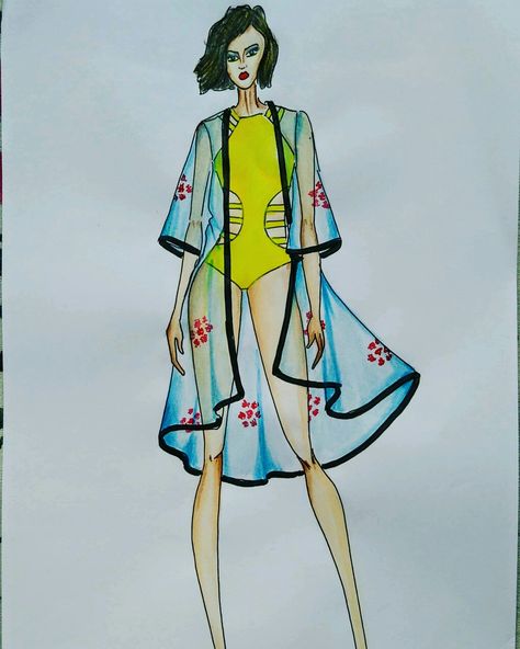 Strappy Yellow swimsuit with baby blue kimono Denim Fashion Illustration, Lingerie Illustration, Croquis Fashion, Butterfly Art Drawing, Yellow Swimsuit, Fashion Illustration Collage, Long Gown Design, Dress Illustration, Fashion Drawing Tutorial