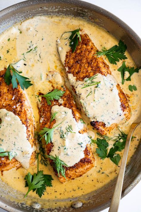 Creamy Cajun Salmon, Garlic Herb Sauce, Salmon With Cream Sauce, Delish Dinners, One Pan Dinner Recipes, Cajun Salmon, Seafood Meals, Sauce For Salmon, Salmon And Shrimp