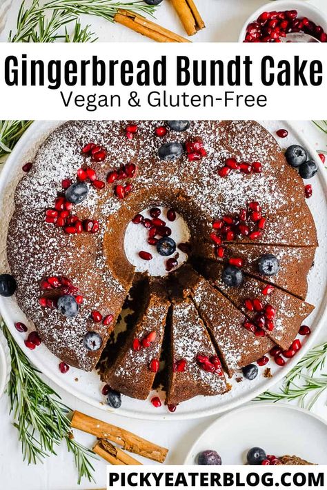 Gingerbread bundt cake is a perfect treat for the holidays! Warm spices, molasses, and brown sugar create a moist but flavorful ginger cake everyone will love. Dairy-free, Vegan, and gluten-free! Vegan Olive Oil Cake, Ginger Bundt Cake, Gingerbread Bundt Cake, Molasses Cake, Bundt Cake Recipes, Gingerbread Cake Recipe, Gluten Free Gingerbread, Vegan Gingerbread, Vanilla Sauce