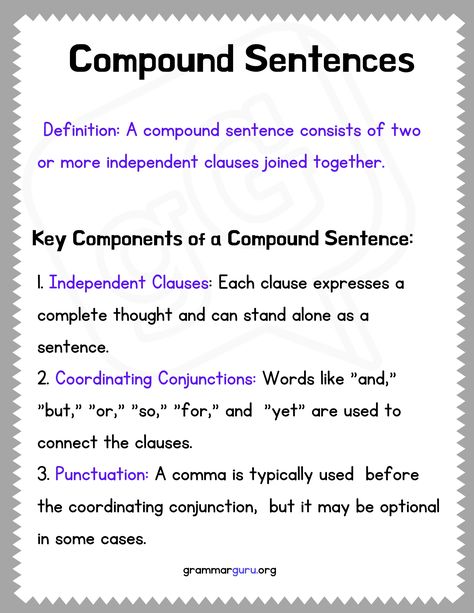 Compound sentences offer flexibility and allow you to express more complex thoughts and ideas. By combining independent clauses, you can create sentences that are engaging, informative, and varied. Complex And Compound Sentences, Compound Complex Sentences, Sentence Making, Compound And Complex Sentences, Compound Sentence, Grammar Anchor Charts, Grammar Tenses, Grammar Notes, English Grammar Notes