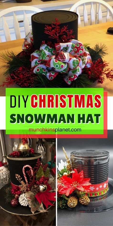 Snowman Hat Centerpiece Ideas -  Easy Christmas Craft Snowman Hat Crafts, Large Cans Crafts, Snowman Bucket Craft, 5 Gallon Bucket Christmas Ideas, Gallon Can Snowman Hat, Christmas Crafts With Cans, Snowman Hat Centerpiece Diy, Christmas Popcorn Tin Can Crafts Ideas, Tin Can Snowman Hat