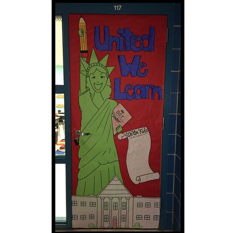 Patriotic classroom door! Let the students sign the "Declaration"! Patriotic Classroom Door, Usa Classroom Theme, Patriotic Classroom Theme, Blue Classroom, Patriotic Classroom, School Wide Themes, Classroom Door Decorations, History Student, September Crafts