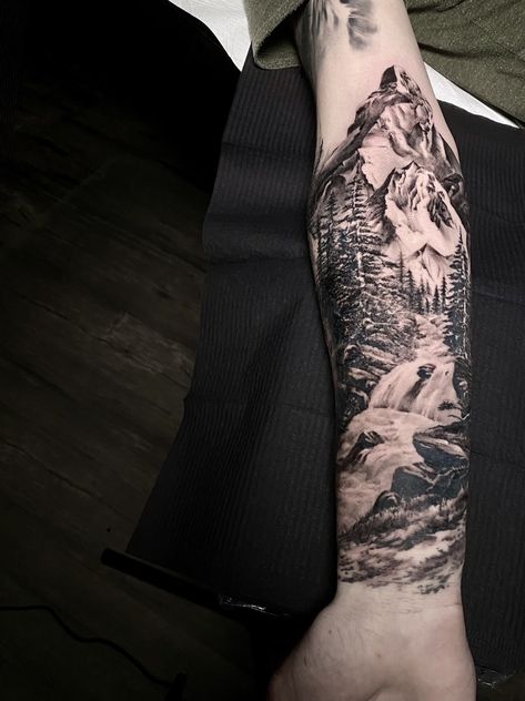 Forearm Nature Tattoo Men, Tree And Mountain Tattoo Sleeve, Mountain Tattoo Realistic, Fore Arm Tattoo Men Half Sleeves Design, Mountain Half Sleeve Tattoo, Mountain Tattoo Sleeve Women, Realistic Mountain Tattoo, College Tattoos, Mountain Tattoo Sleeve