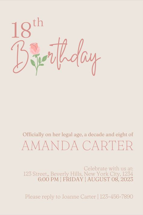 Create, print, and enjoy this minimalist invitation for your 18th birthday. Invite the people you love with this classy and clean invitation. Download the invitation, enter your own party information in the text fields, and print at home or at a nearby print shop. Both you and your visitors will like how classy and clean the design is, and you'll appreciate how convenient it is to create a unique invitation. Place your order today and get ready to party in this style!⁣ Visit our shop now! Eighteenth Birthday Invitation, Invitation Card Design For 18th Birthday, 15 Birthday Invitations Ideas, Birthday Invitation 18th Birthday, 18th Bday Invitation Card, Birthday Invitations Card Design Ideas, 18th Birthday Invitation Card Ideas, 18th Birthday Invitation Ideas, Aesthetic Birthday Invitation Template