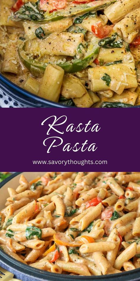 Rasta Pasta in a skillet. Rasta Pasta Recipe, Caribbean Foods, Vegan Thanksgiving Dinner, Easy Cheap Dinner Recipes, Rasta Pasta, Foods Ideas, Easy Pasta Dinner, Noodle Dish, Haitian Food Recipes