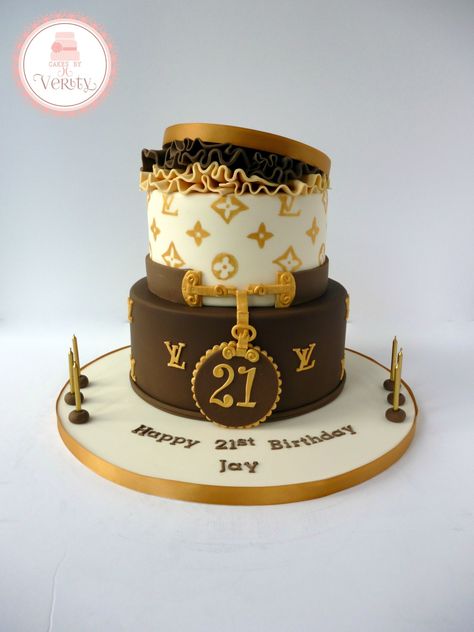 Two tier Louis Vuitton themed cake based on an image supplied by the customer. www.facebook.com/cakesbyverity Cake Ideas, Birthday Cake, Louis Vuitton, Purse, Cake, Birthday, Gold, White