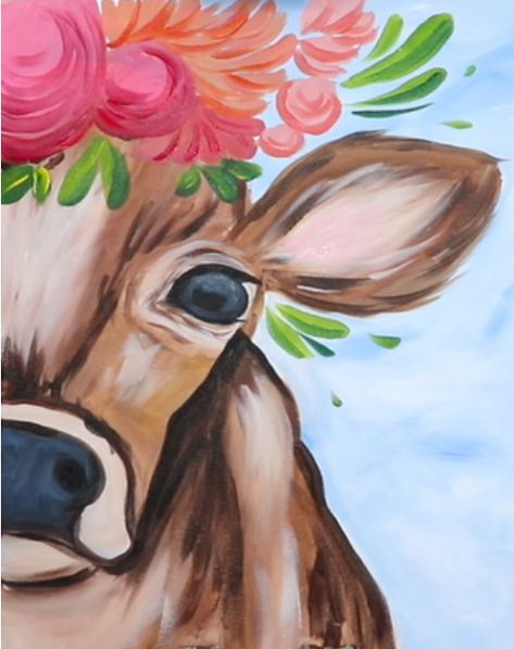 Spring Cow Step-by-Step | wendyanderson.art How To Paint Cow Print Step By Step, Easy Animal Paintings For Beginners, Highland Cow Painting Tutorial, Cow Canvas Painting Easy, Easy Cow Painting, Easy Animal Paintings, Easy Sip And Paint Ideas Step By Step, Paint Party Ideas For Adults, Cow Paintings On Canvas