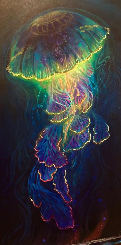 Sea Life Animals Drawing, Marine Life Artwork, Lighting Painting, Uv Painting, Jellyfish Crafts, Jellyfish Moodboard, Sea Creature Painting, Jelly Fish Drawing Color, Sea Animals In Space