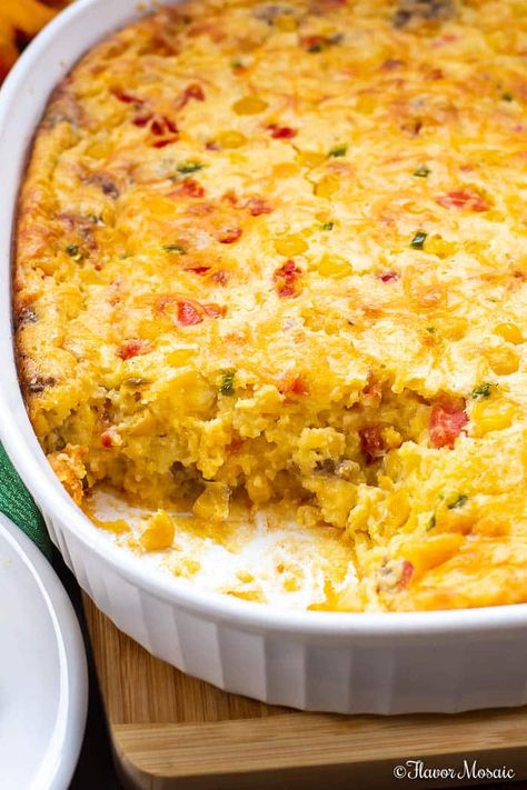 This Corn Casserole recipe takes the Jiffy Corn Casserole and gives it a Tex-Mex or Mexican twist to create a Mexican Corn Casserole with sausage, jalapenos, diced tomatoes, and green chiles added to the traditional corn casserole. #CornCasserole #CornPudding #CornPuddingCasserole #MexicanCornCasserole #EasyCornCasserole Corn And Sausage Casserole, Southwest Corn Casserole, Corn Casserole Recipe Jiffy, Spoon Cornbread Corn Casserole, Mexican Cornbread Jiffy, Corn Casserole By Susan Drees, Cheesy Fiesta Corn Casserole, Corn Casserole Jiffy, Corn Casserole With Jif