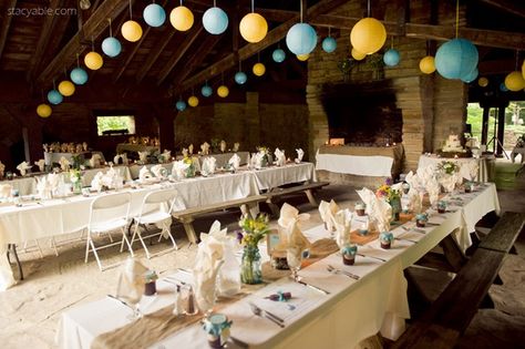 How to decorate a picnic shelter Picnic Table Wedding, Pavilion Wedding Reception, Park Wedding Reception, Pavillion Wedding, Brown County State Park, Picnic Table Decor, Pavilion Wedding, Brown County, Picnic Wedding