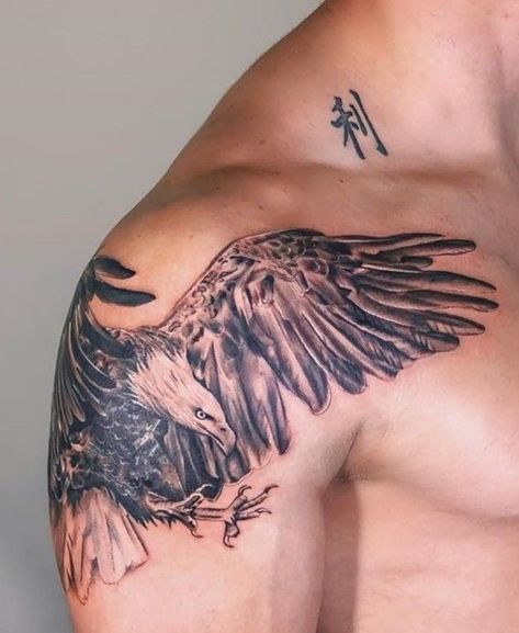 Eagle Shoulder Tattoo, Polka Tattoo Designs, Bird Shoulder Tattoos, Small Eagle Tattoo, Trash Polka Tattoos, Mens Body Tattoos, Trash Polka Tattoo Designs, Tattoo Ideas Males, Stunning Tattoos