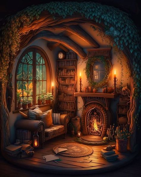 Fantasy Rooms Art, Fantasy Cottage Interior, Casa Do Hobbit, Wizard House, Fairytale Houses, Fantasy Cottage, Enchanted Cottage, Magical House, Fairytale House