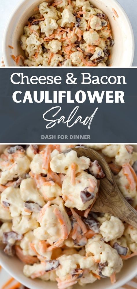 This easy recipe for Cauliflower with Bacon and Cheese is the perfect cold salad recipe for potlucks, holidays, BBQs, and more! Perfect for all occasions, and the best way to serve raw cauliflower, you're going to fall in love with this side dish salad. Ready in mere minutes, and does not need to be made ahead. Califlower Recipes Salads, Cauliflower Salad Recipes Cold, Cauliflower Salad Recipes, Cauliflower Salad With Bacon, Bacon Cauliflower Salad, Bacon Bits Recipes, Raw Cauliflower Salad, Side Dish Salad, Cauliflower Salad Recipe