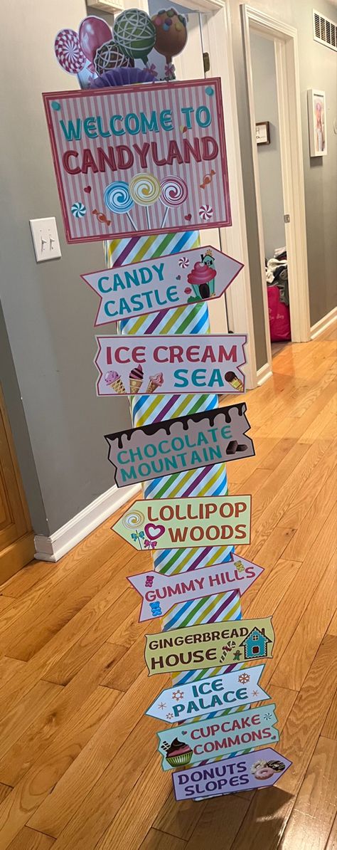 #VBS #TwistAndTurn #CandyLand Candyland Bulletin Board Ideas Schools, Candy Land Signs Diy, Candyland Signs Diy, Candy Theme Door Decoration, Candyland Photo Backdrop, Candyland School Hallway, Candy Classroom Door Ideas, Candy Castle Candyland, Candyland Door Decorations