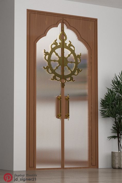 After the Great Success of previous Pooja Room Door, here I'm with new Design inspired from Sudarshan Chakra. Hope you will like it! Indian Pooja Room Wooden Door Design. Pooja Room Glass Door Designs, Room Wooden Door Design, Indian Pooja Room, Pooja Room Ideas Indian Modern, Modern Pooja Room, Pooja Room Ideas Indian, Room Glass Door, Glass Door Designs, Pooja Room Door