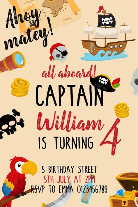 With this pirate-themed birthday party digital  invitation template you will get an instant access to your purchase. Edit the text and you are ready to print and hand out your invitations! Pirate Invitations Template, Pirate Party Invitations Template, Pirate Birthday Party Invitations, Adventure Birthday Party, Pirate Party Invitations, Pirate Birthday Invitations, Pirate Themed Birthday Party, Pirate Invitations, Pirate Themed Birthday