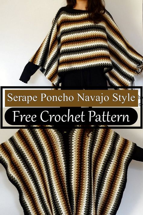 Serape Poncho Navajo Style Crochet Cardigan With Fringe, Crochet Poncho With Arm Holes, Mens Crochet Poncho Pattern Free, Crochet Poncho Men, Granny Stitch Poncho Pattern Free, Crochet Granny Square Poncho Pattern, Crochet Rectangle Poncho Free Pattern, Crochet Square Poncho, How To Crochet A Poncho