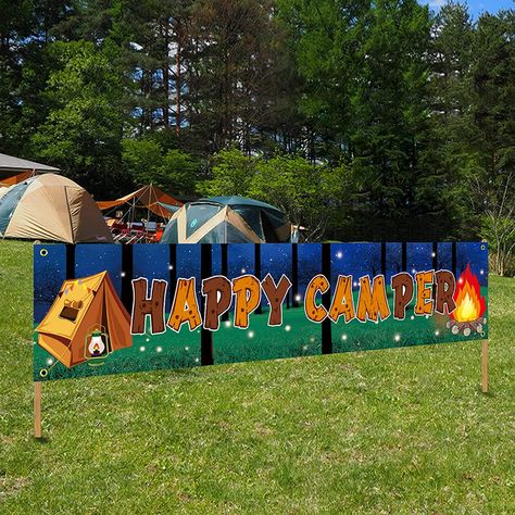 Summer Camp Decoration Ideas, Summer Camp Decorations, Camp Decorating Ideas, Camping Decor Outdoor, Vbs Camping Theme, Camping Themed Party Decorations, Summer Camp Decor, Summer Camp Party, Camp Banner