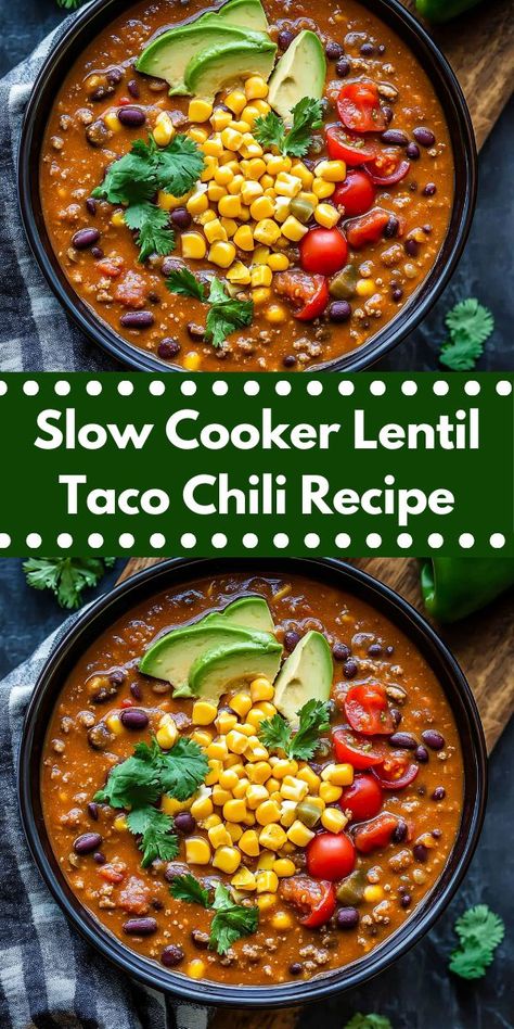 Craving slow cooker meals? This Slow Cooker Lentil Taco Chili Recipe is a delicious chili recipe crockpot option. A must-try for chili recipes and dinner ideas easy enough for any night! Chili Meals, Taco Chili Recipe, Taco Chili, Lentil Tacos, Lentils Beans, Lentil Chili, Slow Cooker Lentils, Chili Recipe Crockpot, Easy Chili