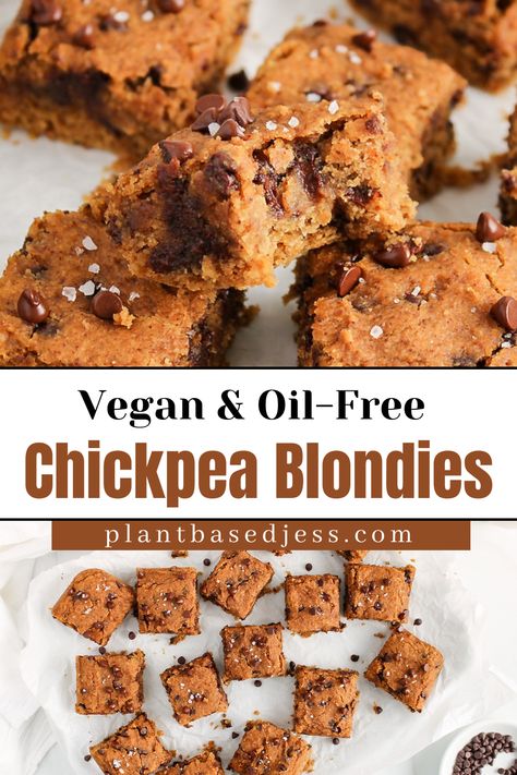 Vegan Chickpea Blondies (Oil-Free and Refined-Sugar Free) - Plant Based Jess Chickpea Blondies, Vegan Blondies, Plant Based Dessert Recipes, Chocolate Chip Blondies, Vegan Baking Recipes, Quick Food, Vegan Chickpea, Plant Based Desserts, Filling Snacks