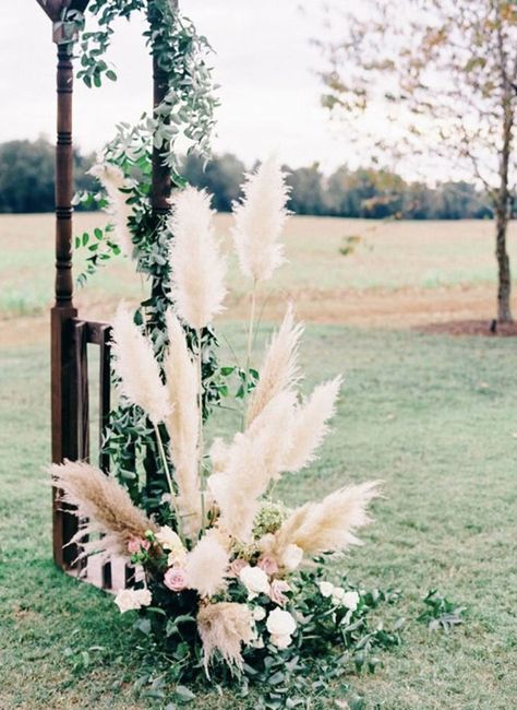 Pampas Grass And Greenery Wedding, Pampas And Greenery Wedding, Smilax Wedding, Arbour Florals, June Bouquet, Archway Wedding, Brown Pampas, Grass Centerpiece, Mauve Roses