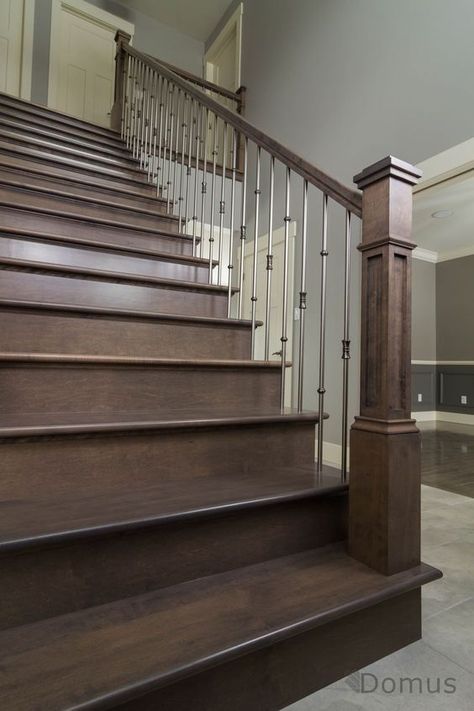 2a50e9c2d6b89b95bcb416d6857f8b45 Staircase Banister Ideas Wood, Dark Wooden Staircase, Stained Staircase, Wooden Staircase Design, Stairway Decorating, Handrail Design, Hardwood Stairs, Traditional Staircase, Stair Rail