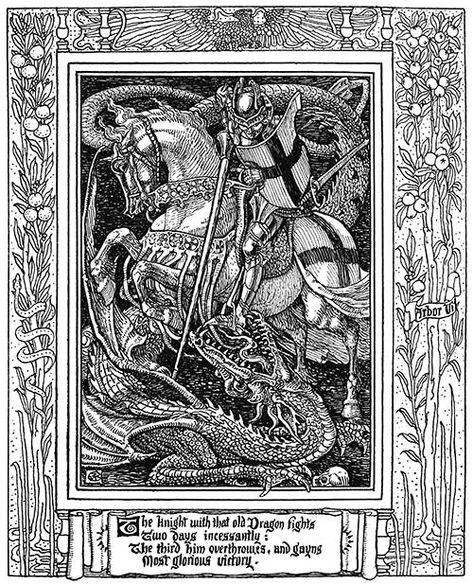 Old Dragon, Saint George And The Dragon, Medieval Drawings, Faery Queen, Walter Crane, Dragon Illustration, White Drawing, Fairytale Illustration, Medieval Knight