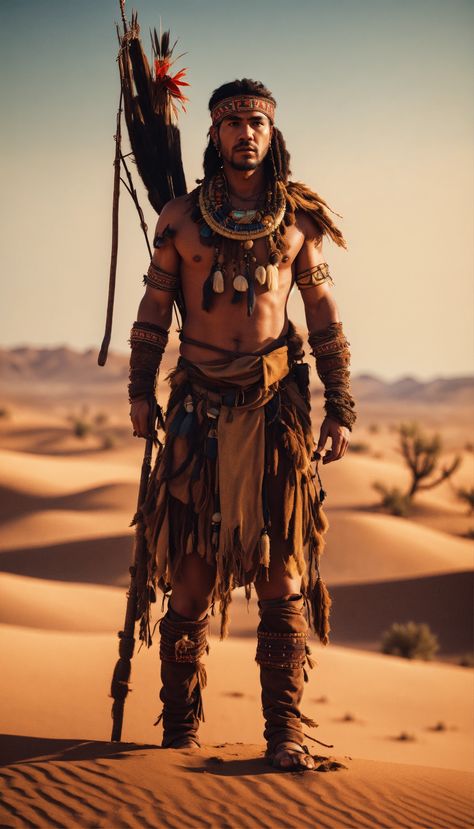 Discover the mystical world of a tribal hunter standing in the desert in vivid 8K resolution 🏜️ Embrace the beauty of nomadic warriors and their traditional attire 🏹 #TribalHunter #DesertWarrior #8KResolution Desert Outfit Fantasy, Warrior Hair, Horse Warrior, Fantasy Mask, Desert Outfit, Desert Nomad, Mystical World, Beauty Wallpaper, Male Portrait