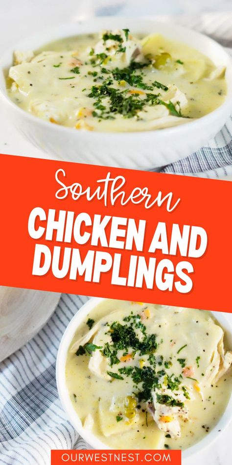 Make this creamy homemade chicken and dumplings soup for dinner tonight! It's a quick chicken and dumplings recipe that's super creamy and made in the Dutch oven. One of the best easy meals and chicken recipes for families. If you like southern chicken and dumplings, definitely add this to your list of easy dinner ideas! Dutch Oven Chicken And Dumplings, Oven Chicken And Dumplings, Southern Chicken And Dumplings, Chicken And Dumplings Soup, Quick Chicken And Dumplings, Dumplings Easy, Dumplings Soup, Best Chicken And Dumplings, Easy Chicken And Dumplings