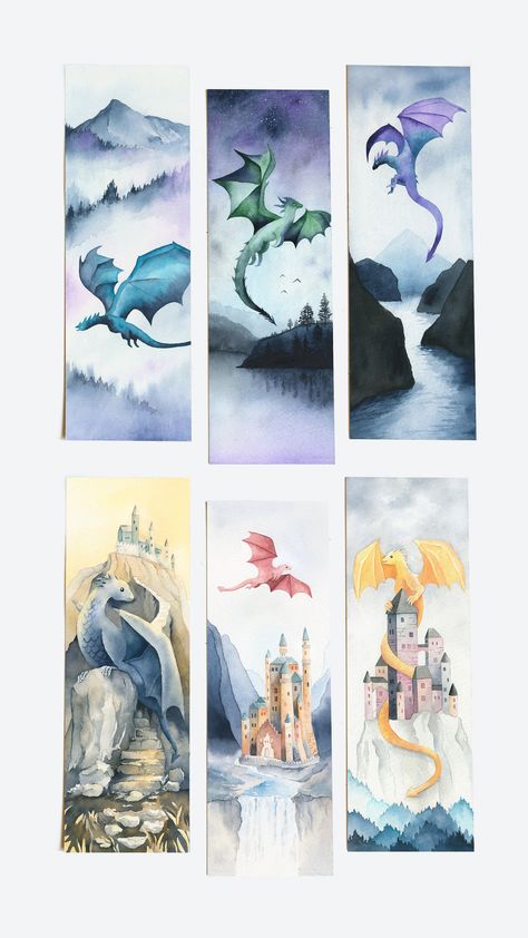 Dragon bookmarks, set of 6 printable fantasy downloads, fairytale watercolor bookmarks, dragons and castles, magical landscape, bookish gift https://etsy.me/3TZIuN7 #dragonbookmark #fantasybookmarks #mythicalcreatures Dragon Bookmark Printable, Watercolor Art Fantasy Landscape, Watercolor Fantasy Art Easy, Watercolor Landscape Bookmark, Fantasy Bookmark Ideas, Dragon Watercolor Painting, Landscape Bookmarks, Watercolor Bookmarks Ideas, Watercolor Fantasy Art