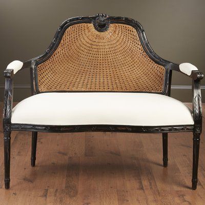 Features:  -Hand carved.  -Wicker back.  -Linen seat and arm rest.  -Foam filler.  Distressed: -Yes.  Style (Old): -Contemporary.  Upholstery Color: -Cream.  Frame Material: -Wood.  Upholstery Materia Cane Settee, White Linen Sofa, Cane Furniture, Settee Sofa, Linen Sofa, Diy Chair, Linen Upholstery, Sofa Sale, Settee